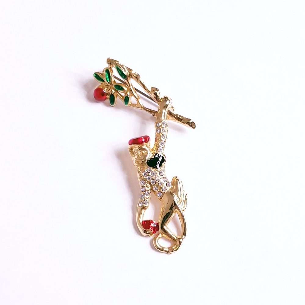 Gold Monkey Apple Tree Branch Rhinestones Brooch